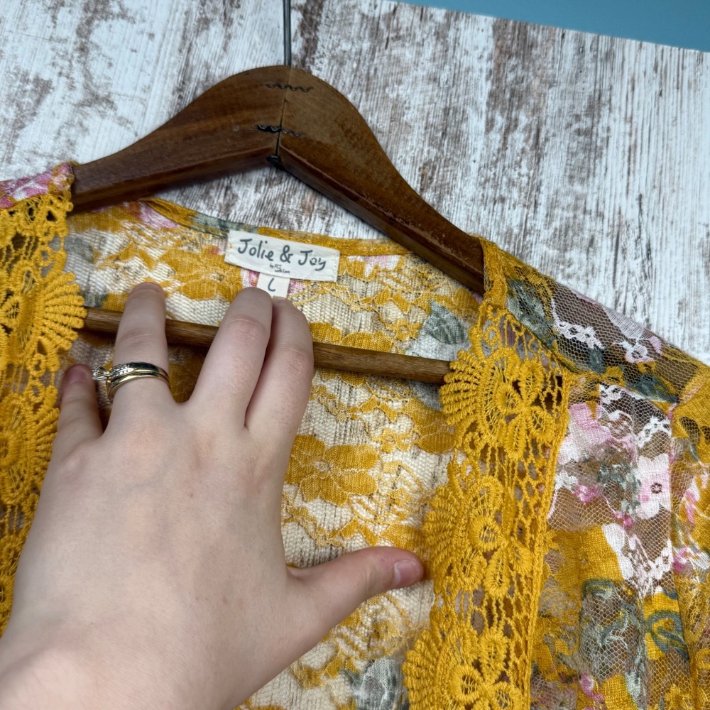 Jolie & Joy Floral Lace Kimono Cardigan Yellow Pink Bell Sleeve Large Feminine - Picture 3 of 12